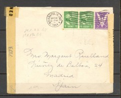 1944, SOBRE CIRCULADO ENTRE INDIANAPOLIS Y MADRID, CENSURAS, RODILLO ESTAFETA DE CAMBIO - Storia Postale