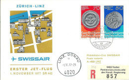 Luftpost  "Swissair - Erster Jetflug - Zürich - Linz"   (FL-Frankatur)             1977 - Erst- U. Sonderflugbriefe