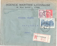 3091 LYON TERREAUX Rhone Lettre Recommandée Luxembourg Gandon 4 F Violet 6 F Rouge Etiquette Yv 718 721 760 Ob 21 4 1948 - Lettres & Documents