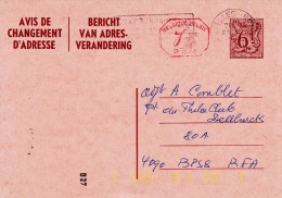 C01-155 - Belgique CEP - Carte Entier Postal - Changement D'adresse  Du 0-1-1900 - COB  - Cachet De Bruxelles M1 P024 Ve - Adressenänderungen