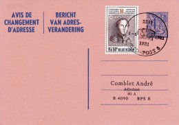 C01-156 - Belgique CEP - Carte Entier Postal - Changement D'adresse  Du 4-6-1981 - COB 1627 - Cachet De 4090 Post8 Vers - Adressenänderungen