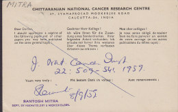 India CHITTARANJAN NATIONAL CANCER RESEARCH CENTRE, CALCUTTA 1959 Card Karte To Denmark (2 Scans) - Briefe U. Dokumente