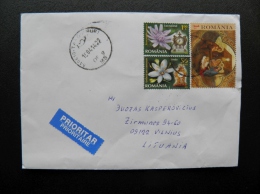 Cover Sent From Romania To Lithuania On 2014 Christmas Noel Navidad Flowers Clocks - Brieven En Documenten