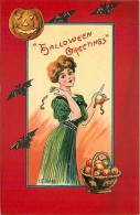 236115-Halloween, RK & Co No RKL01-3, Artist EC Banks, Woman Tossing Apple Peel Over Her Shoulder, Embossed Litho - Halloween