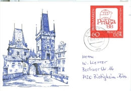 DDR Sonderpostkarte 1988 Briefmarkenweltausstellung PRAGA Prag Karlsbrücke Tor TGST 05 - 1990 Erfurt - Postcards - Used