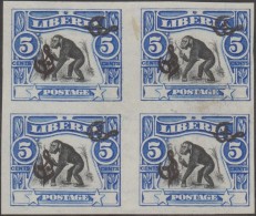 Liberia 1906 Y&T Serv. 47 Bloc De 4, Non Dentelé, Essai Sur Papier Non Gommé. Surcharge Double, Une Couchée. Chimpanzé - Chimpansees