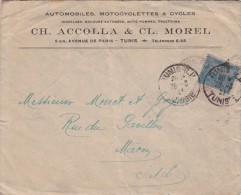 TUNISIE LETTRE 1921. BDF. AUTOMOBILES & ET CYCLES CH. ACCOLA & CL. MOREL AVENUS DE PARIS TUNIS / 5823 - Storia Postale