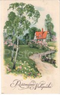 Pentecost Greeting Card - Birch Tree - House - WO 661 - Circulated In Estonia 1930s - Pinksteren