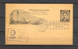 1955 CUBA, ENTERO POSTAL, MATASELLOS PRIMER DIA, JOSE MARTÍ, PALACIO DE COMUNICACIONES DE LA HABANA - Lettres & Documents