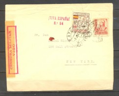 1937 PONTEVEDRA, GUERRA CIVIL, SOBRE CIRCULADO ENTRE BAYONA Y NUEVA YORK, CENSURA MILITAR, LOCAL POR LA PATRIA - Storia Postale