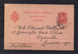 1901 BARCELONA, ENTERO POSTAL ED. 39 CIRCULADO A LONDRES - 1850-1931