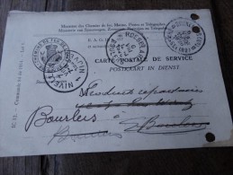 Carte Postale De Service Ministère Des Chemins De Fer OBL Bruxelles,Roeselart,Nivelles 5,6 Et 07/08/1926 Vers Bourlers - Ambulanti