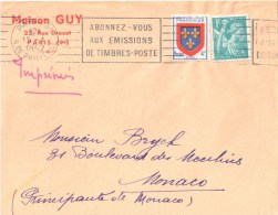 3159 PARIS 51 Lettre Tf Imprimés Dest MONACO Ob 15 1 1952 Blason Anjou Yv 838 Iris 1 F Yv 650 - Lettres & Documents