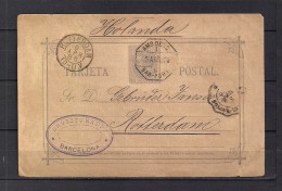 1886 BARCELONA, ENTERO POSTAL ED. 11,  CIRCULADO ENTRE BARCELONA Y ROTTERDAM, MAT. AMBULANTE BAR - PORT - 1850-1931