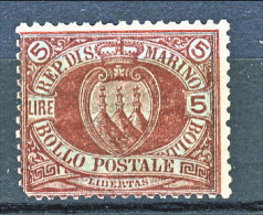 San Marino 1892-94  N. 22 Lire 5 Carminio Su Verde MH - Unused Stamps