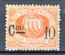 San Marino 1892 N. 10, Cmi 10 Su C. 20 Rosso MH, Perfetta Centratura - Nuevos