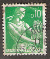 Timbre France Y&T N°1231 (08) Obl.  Moissonneuse.  10 C. Vert. Cote 0,15 € - 1957-1959 Mietitrice