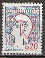 Timbre France Y&T N°1282 (08) Obl.  Marianne De Cocteau. 0.20 Fc. Bleu Et Rouge. Cote 0,15 € - 1961 Marianne Of Cocteau