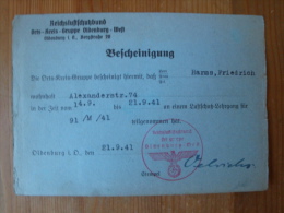 Reichsluftschutzbund, Bescheinigung An Einem Luftschutz Lehrgang Für 91/M/41 Teilgenommen Hat, Oldenburg 1941 ! - Documents