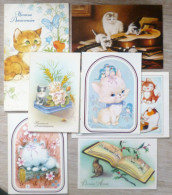 Cp Lot  7x Litho Illustrateur Fete Anniversaire Voeux Theme Chats Chaton Chat Cheminee Sapin Etc - Collections & Lots