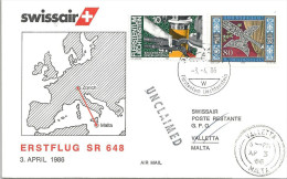 Luftpost  "Swissair Erstflug  Zürich - Valetta"  (FL-Frankatur)               1986 - Erst- U. Sonderflugbriefe