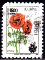 TURKEY 1990 Common Poppy Surcharged - 1500l. On 20l. - Multicoloured FU - Usati