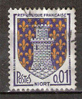 Timbre France Y&T N°1351A (06) Obl.  Armoirie De Niort.  0.01 F. Bleu Et Jaune. Cote 0,15 € - 1941-66 Coat Of Arms And Heraldry