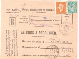 3192 AUXERRE Yonne Valeur à Recouvrer Iris 1 F 650 Dulac 5 F 697 Tf 1/3/45 Fontenoy Recommandé Etiquette Fortune Tampon - Cartas & Documentos