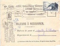 3191 AUXERRE Yonne Valeur Recouvrer 764 20 F Pointe Du Raz Tarif 8/7/47 Mailly Le Chateau Recommandé Fortune Ob Meca - Storia Postale