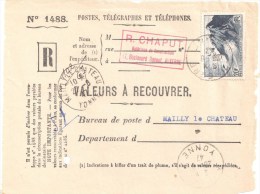 3193 AUXERRE Yonne Valeur Recouvrer 764 20 F Pointe Du Raz Tarif 8/7/47 Mailly Le Chateau Recommandé Fortune Etiquette - Covers & Documents