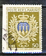 San Marino 1946 VARIETA '  Serie Stemmi N. 295 Lire 50 Oliva E Oltremare Usato  Non Dentellato A Sinistra - Usados