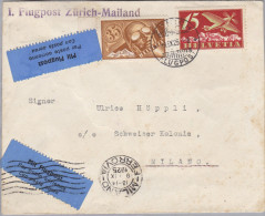 Schweiz Flugpost 1925-09-09 Zürich 1.Flugpost Zürich-Mailand Brief - Primeros Vuelos