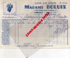 87 - LIMOGES - FACTURE MADAME BOLUIX - MARCHANDE DE VINS- 1 RUE VIEILLE DES CARMELITES -1958 - 1950 - ...