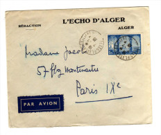 ENVELOPPE DE PLATEAU SAULIERE - ALGER POUR PARIS 02/07/1936 - Cartas & Documentos
