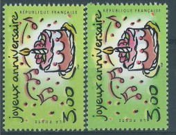 [06] Variété : N° 3242 Joyeux Anniversaire Vert-jaune Au Lieu De Vert +  Normal  ** - Unused Stamps