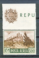 San Marino PA 1951 - Veduta N. 97 Lire 500 Verde Scuro E Bruno Bordo Di Foglietto MNH LUX - Luchtpost