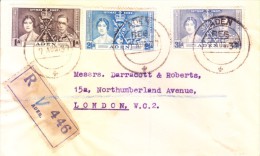 ADEN 1937 CORONATION SET OF 3 USED ON REGISTERED COVER FOR LONDON - Aden (1854-1963)