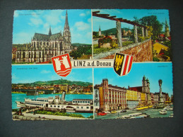 Austria: LINZ - DDSG Anlegestelle. Hauptplatz Straßenbahn, Tramway. Blick Vom Schloss. Dom. Wappen - Unused 1985 - Linz