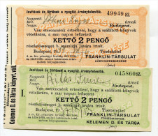 Hongrie Hungary Ungarn - Lottery Ticket 1937-1939 " Franklin Tarsulat "  2 Pengo UNC - Hungría