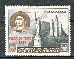 San Marino PA 1952 Fiera Di Trieste Posta Aerea N. A102 Lire 200 Buno Nero E Bruno MNH - Poste Aérienne