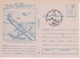 Romania ;1992  ; Transport ; Air Force In World War II ; Airplane Hunting  Nieuport ; Pre-paid Postcard  ; Spec. Cancell - Guerre Mondiale (Première)