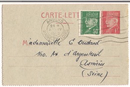 Carte Lettre 1F Type Pétain  + Complément 50c Destination Asnière ( Seine ) - Kartenbriefe
