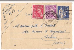 Carte Lettre 65c Type Paix1939 + Complément 5c + 20c Mercure Destination Asnière ( Seine ) - Letter Cards