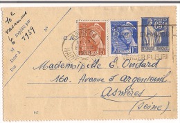 Carte Lettre 65c Type Paix + Complément 10c+15c Mercure Destination Asnière ( Seine ) - Cartoline-lettere