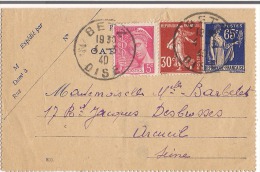 Carte Lettre 65c Type Paix Betz1940 + Complément 30c Semeuse 5c Mercure  Destination  Arcueil ( Seine ) - Kartenbriefe