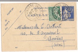 Carte Lettre 65c Type Paix Betz1939 + Complément 25c Mercure Destination Asnière ( Seine ) - Cartes-lettres