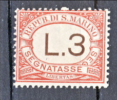 San Marino Tasse 1897-1919 N. 7 Lire 3 Rosa MNH - Timbres-taxe