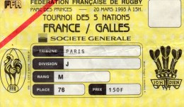 Billet FRANCE GALLES PARC DES PRINCES 1993 - Rugby