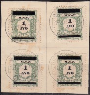 MACAU - 1910, Selos De Porteado, C/ Sobrecarga,  1 A.  D. 11 3/4 X 12  (Sobre Fragmento - 4 Selos)  (o)  MUNDIFIL Nº 142 - Gebraucht