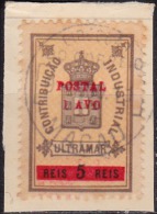 MACAU - 1911,  Estampilha Fiscal, Com Sobretaxa, 1 A. S/ 5 R. (Sobre Fragmento)   D. 12 X 12 1/2   (o)  MUNDIFIL Nº 144 - Gebraucht